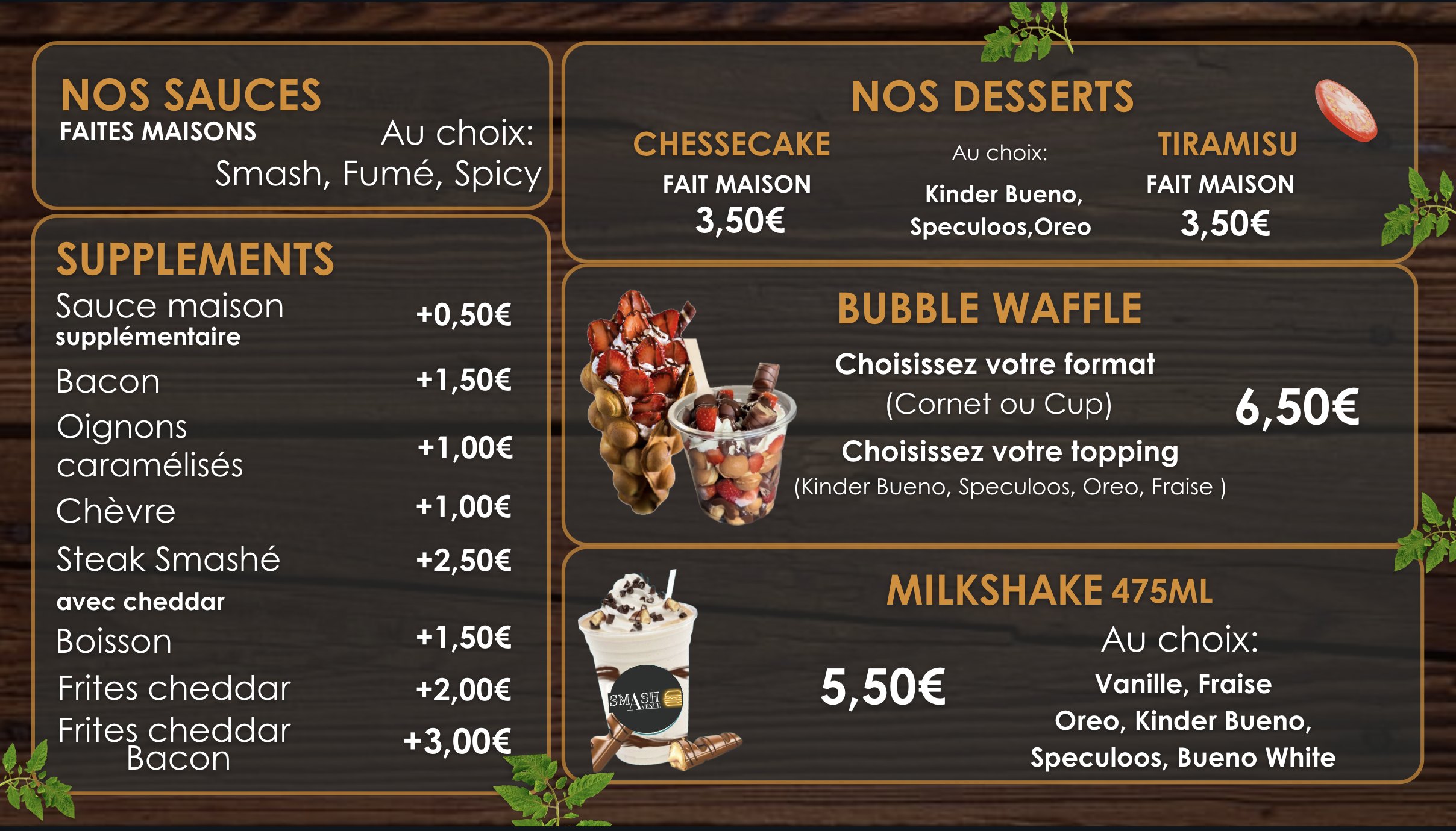 Menu Suppléments et Desserts